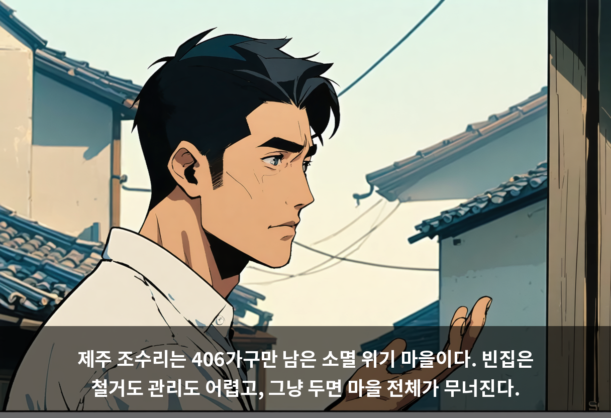 제주 조수리는 406가구만 남은 소멸 위기 마을이다. 빈집은 철거도 관리도 어렵고, 그냥 두면 마을 전체가 무너진다.