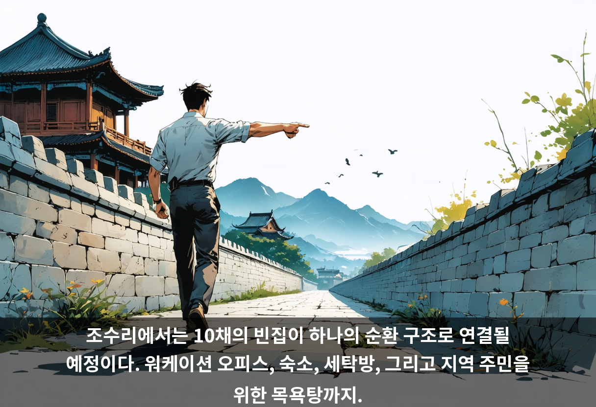 조수리에서는 10채의 빈집이 하나의 순환 구조로 연결될 예정이다. 워케이션 오피스, 숙소, 세탁방, 그리고 지역 주민을 위한 목욕탕까지.