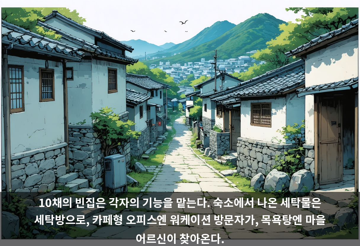 10채의 빈집은 각자의 기능을 맡는다. 숙소에서 나온 세탁물은 세탁방으로, 카페형 오피스엔 워케이션 방문자가, 목욕탕엔 마을 어르신이 찾아온다.