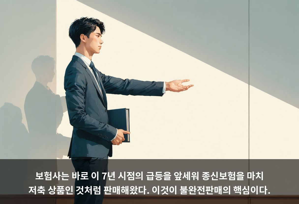 보험사는 바로 이 7년 시점의 급등을 앞세워 종신보험을 마치 저축 상품인 것처럼 판매해왔다. 이것이 불완전판매의 핵심이다.