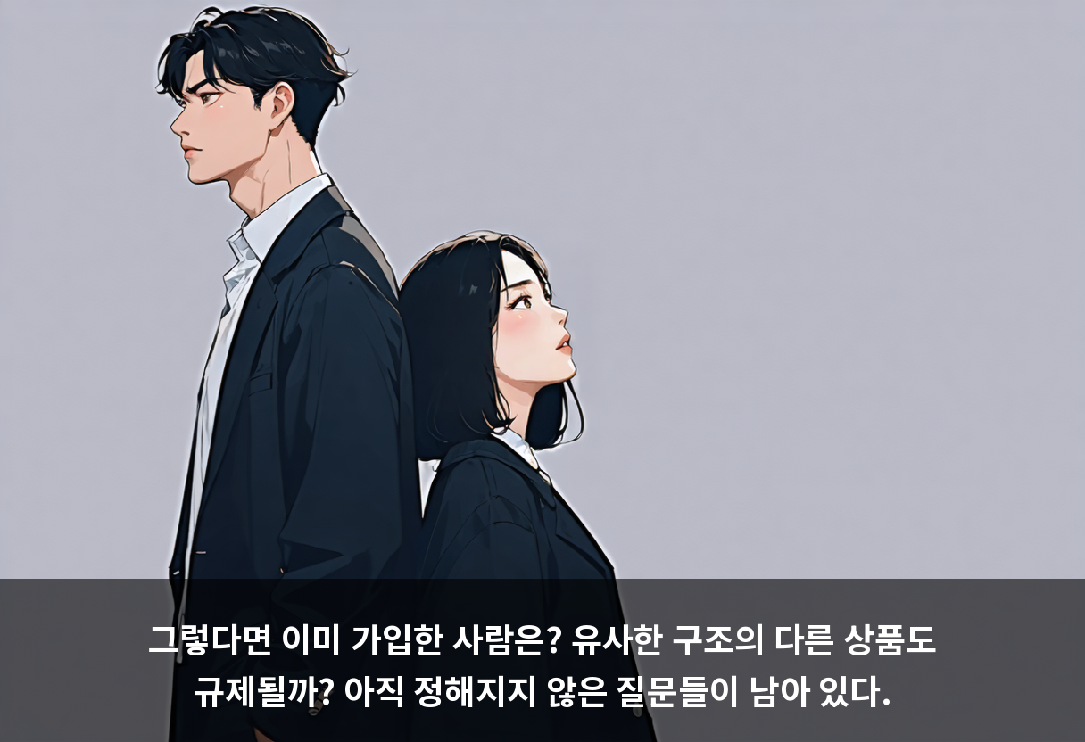 그렇다면 이미 가입한 사람은? 유사한 구조의 다른 상품도 규제될까? 아직 정해지지 않은 질문들이 남아 있다.