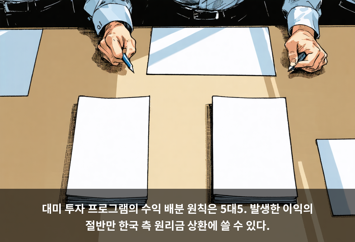 대미 투자 프로그램의 수익 배분 원칙은 5대5. 발생한 이익의 절반만 한국 측 원리금 상환에 쓸 수 있다.