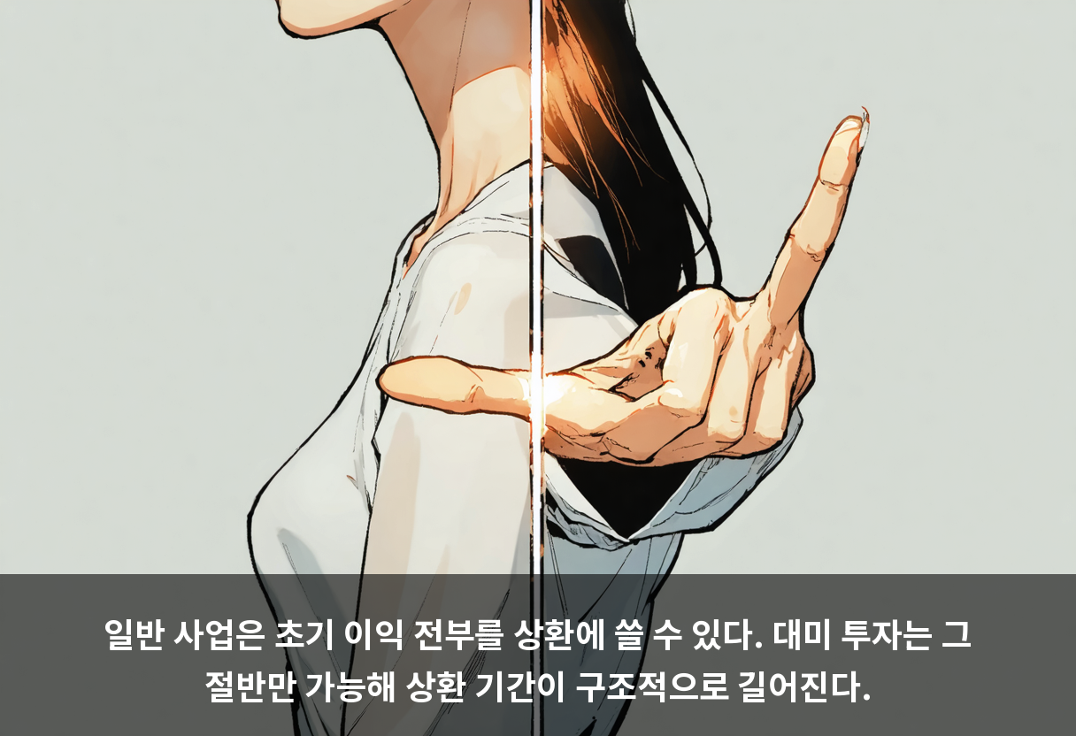 일반 사업은 초기 이익 전부를 상환에 쓸 수 있다. 대미 투자는 그 절반만 가능해 상환 기간이 구조적으로 길어진다.