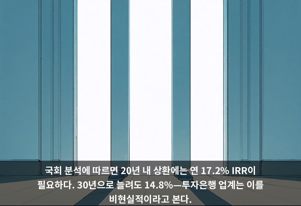 국회 분석에 따르면 20년 내 상환에는 연 17.2% IRR이 필요하다. 30년으로 늘려도 14.8%—투자은행 업계는 이를 비현실적이라고 본다.