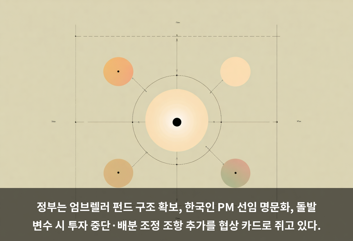 정부는 엄브렐러 펀드 구조 확보, 한국인 PM 선임 명문화, 돌발 변수 시 투자 중단·배분 조정 조항 추가를 협상 카드로 쥐고 있다.