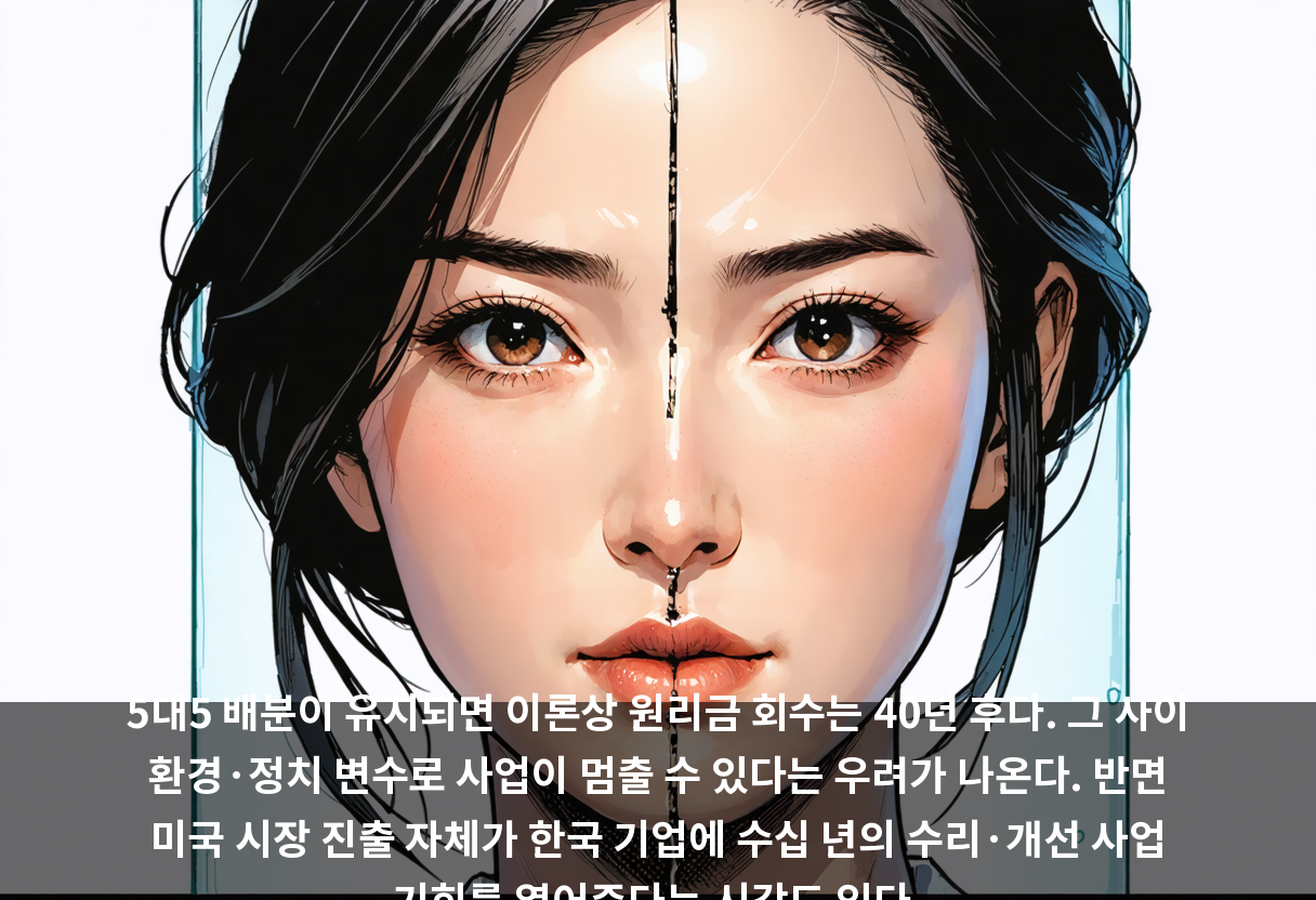 5대5 배분이 유지되면 이론상 원리금 회수는 40년 후다. 그 사이 환경·정치 변수로 사업이 멈출 수 있다는 우려가 나온다. 반면 미국 시장 진출 자체가 한국 기업에 수십 년의 수리·개선 사업 기회를 열어준다는 시각도 있다.