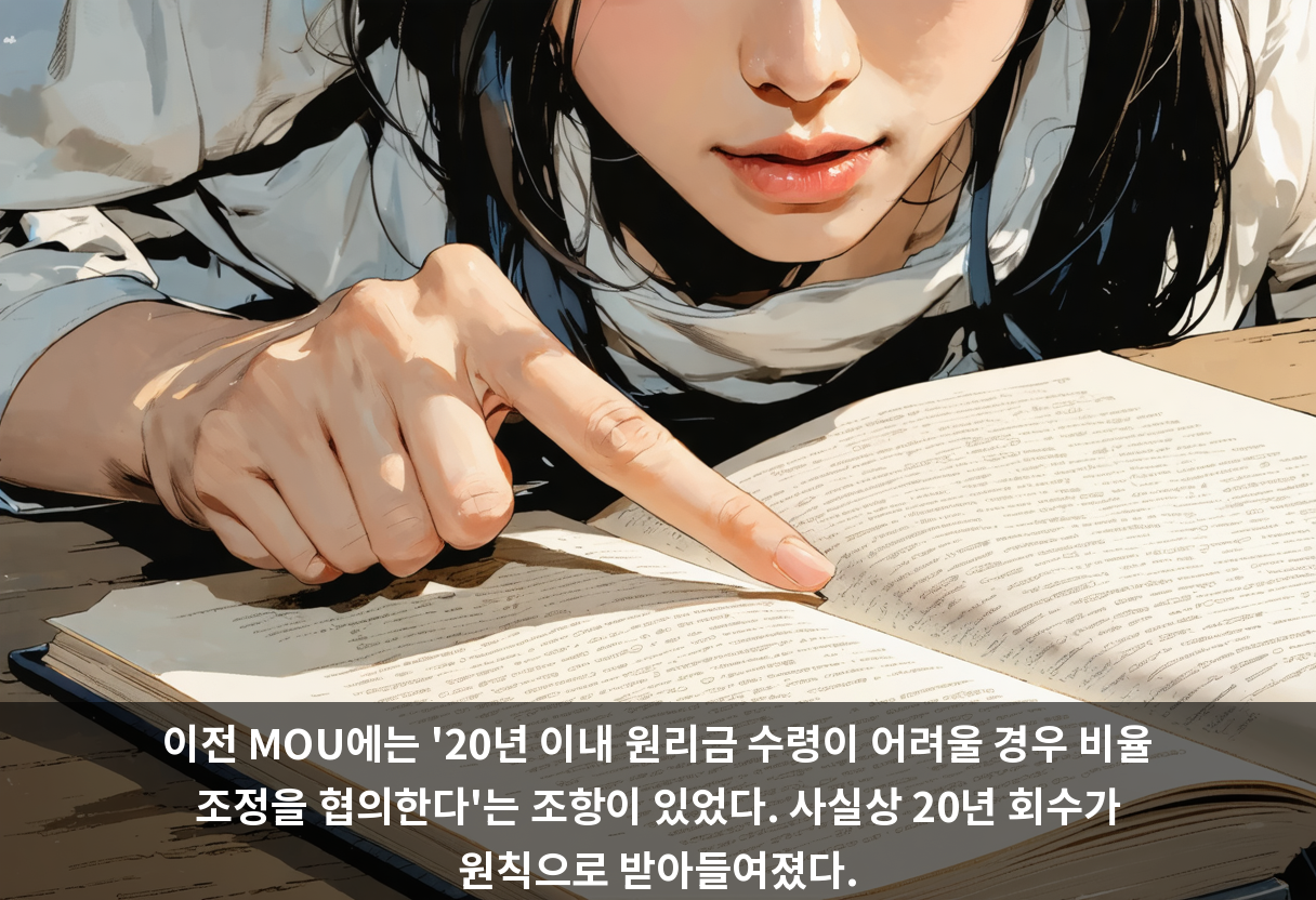 이전 MOU에는 '20년 이내 원리금 수령이 어려울 경우 비율 조정을 협의한다'는 조항이 있었다. 사실상 20년 회수가 원칙으로 받아들여졌다.