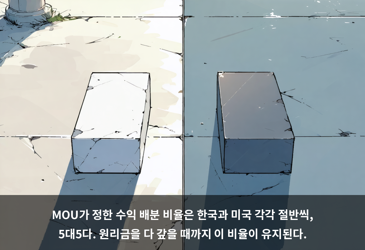 MOU가 정한 수익 배분 비율은 한국과 미국 각각 절반씩, 5대5다. 원리금을 다 갚을 때까지 이 비율이 유지된다.