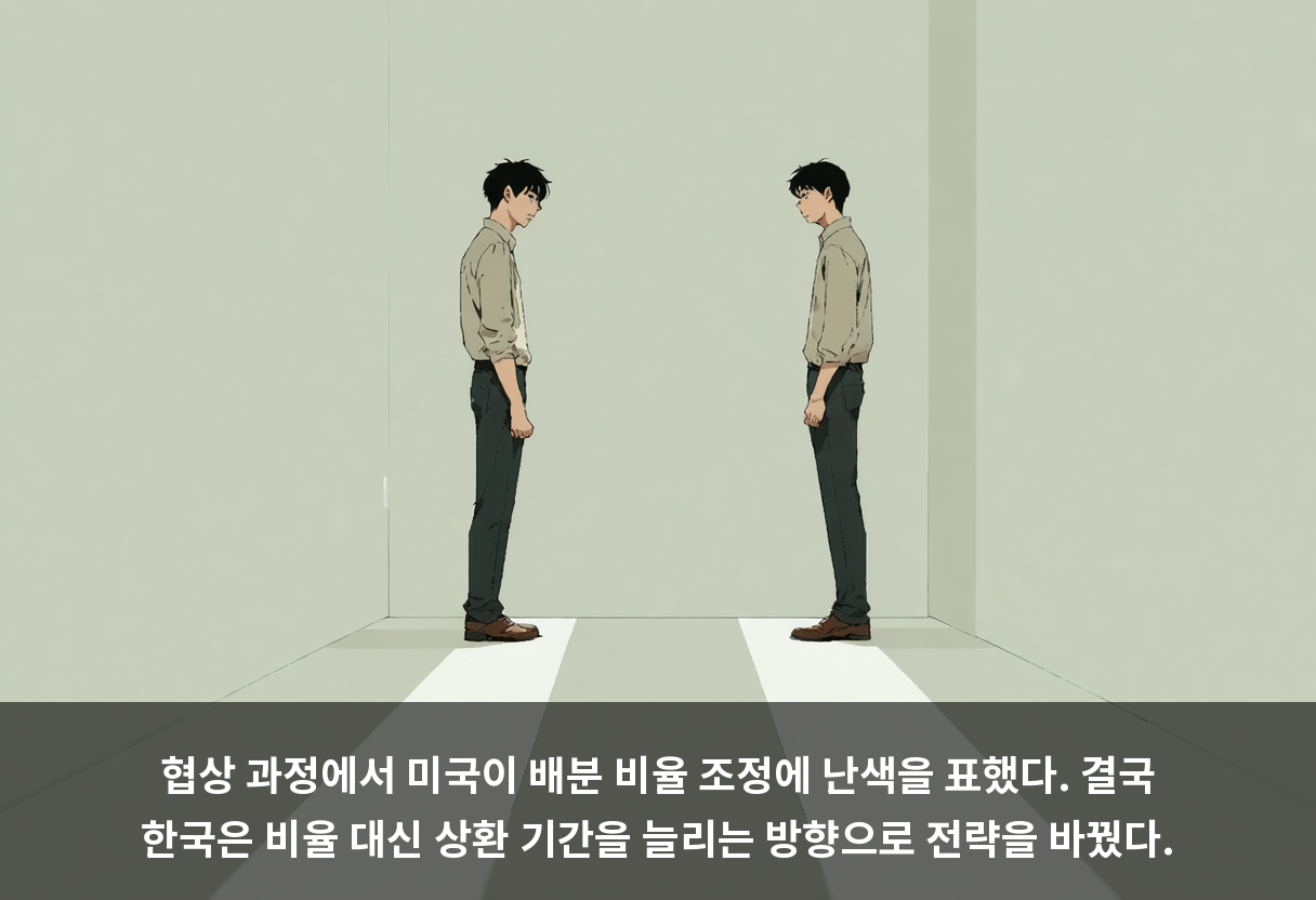 협상 과정에서 미국이 배분 비율 조정에 난색을 표했다. 결국 한국은 비율 대신 상환 기간을 늘리는 방향으로 전략을 바꿨다.