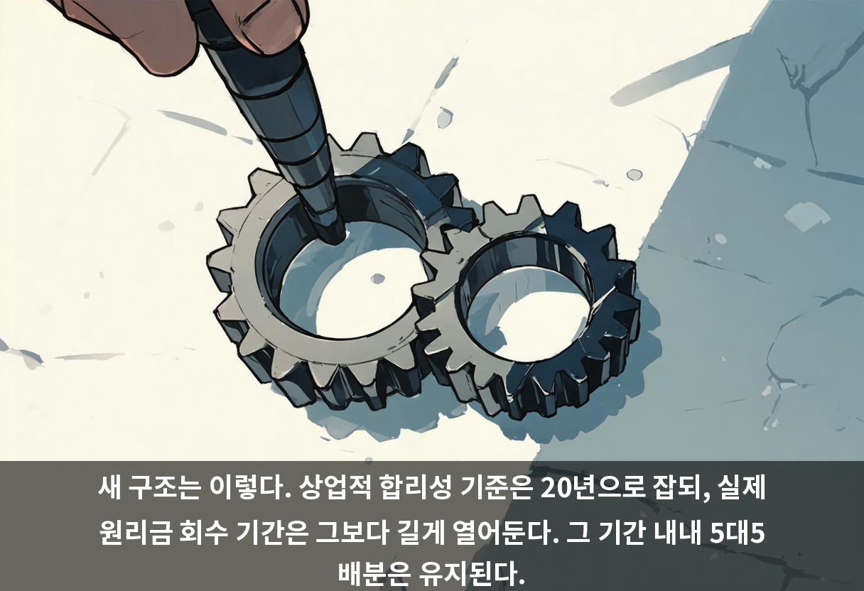 새 구조는 이렇다. 상업적 합리성 기준은 20년으로 잡되, 실제 원리금 회수 기간은 그보다 길게 열어둔다. 그 기간 내내 5대5 배분은 유지된다.