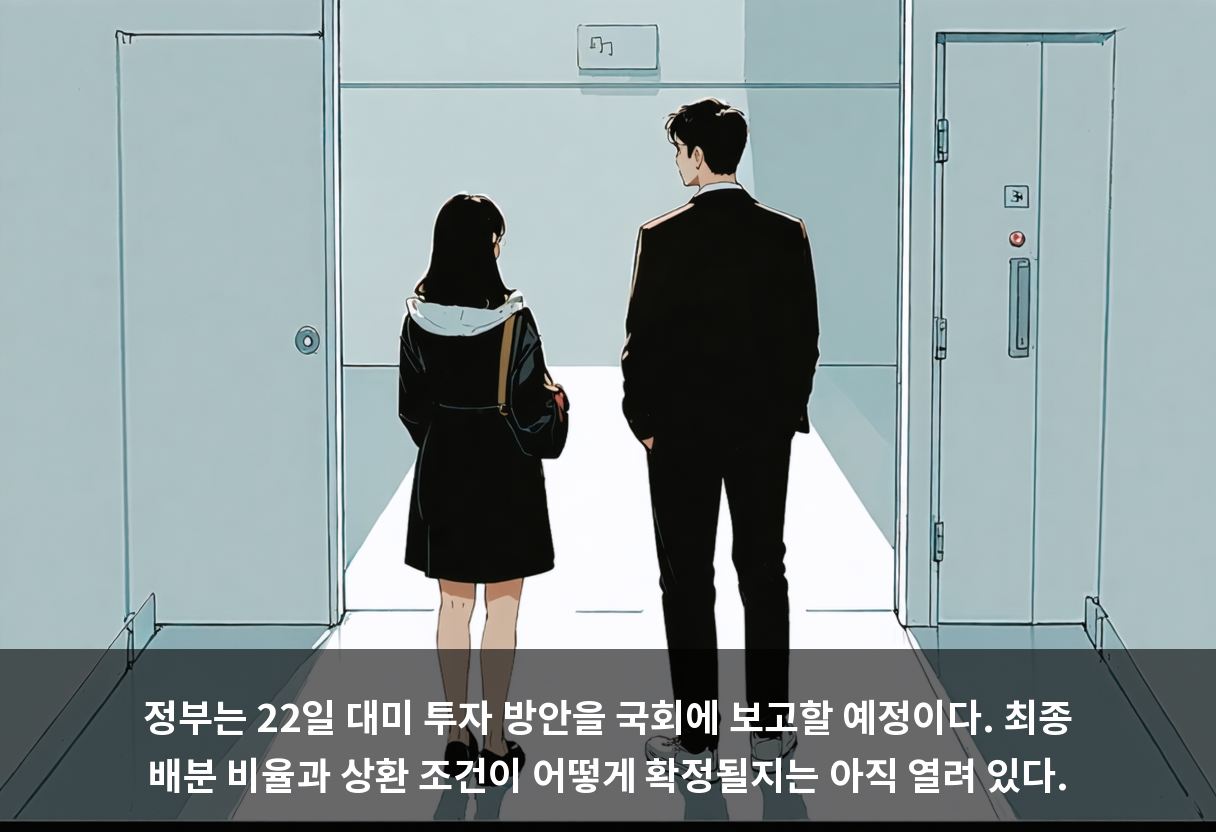 정부는 22일 대미 투자 방안을 국회에 보고할 예정이다. 최종 배분 비율과 상환 조건이 어떻게 확정될지는 아직 열려 있다.