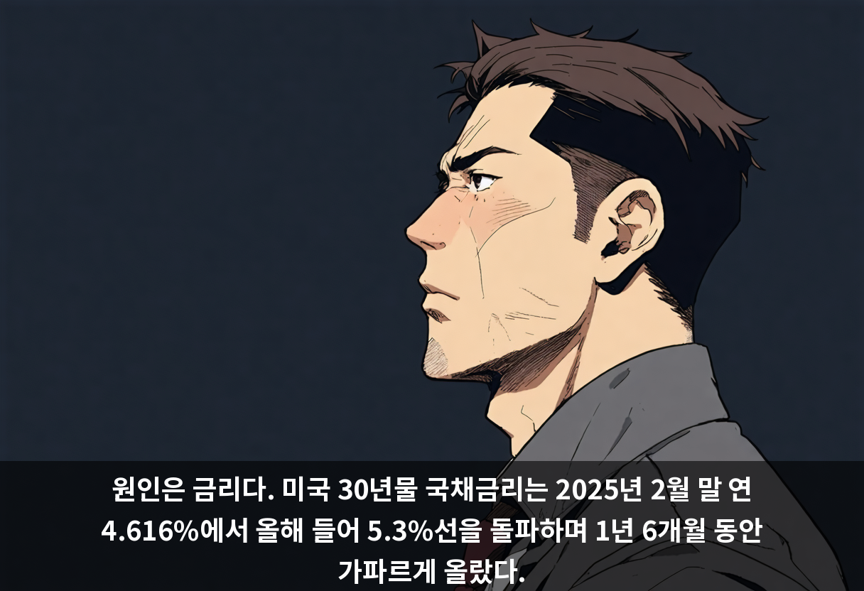 원인은 금리다. 미국 30년물 국채금리는 2025년 2월 말 연 4.616%에서 올해 들어 5.3%선을 돌파하며 1년 6개월 동안 가파르게 올랐다.