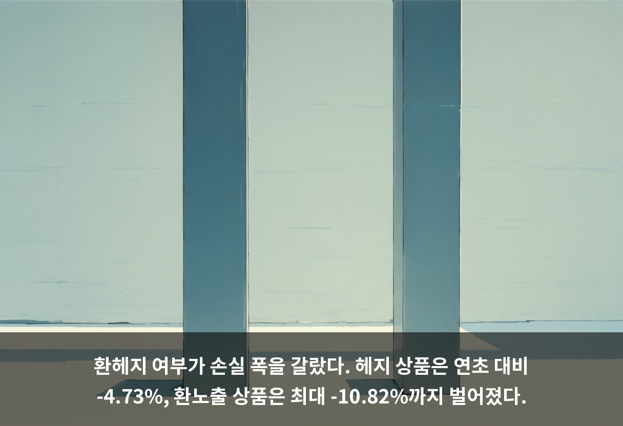 환헤지 여부가 손실 폭을 갈랐다. 헤지 상품은 연초 대비 -4.73%, 환노출 상품은 최대 -10.82%까지 벌어졌다.