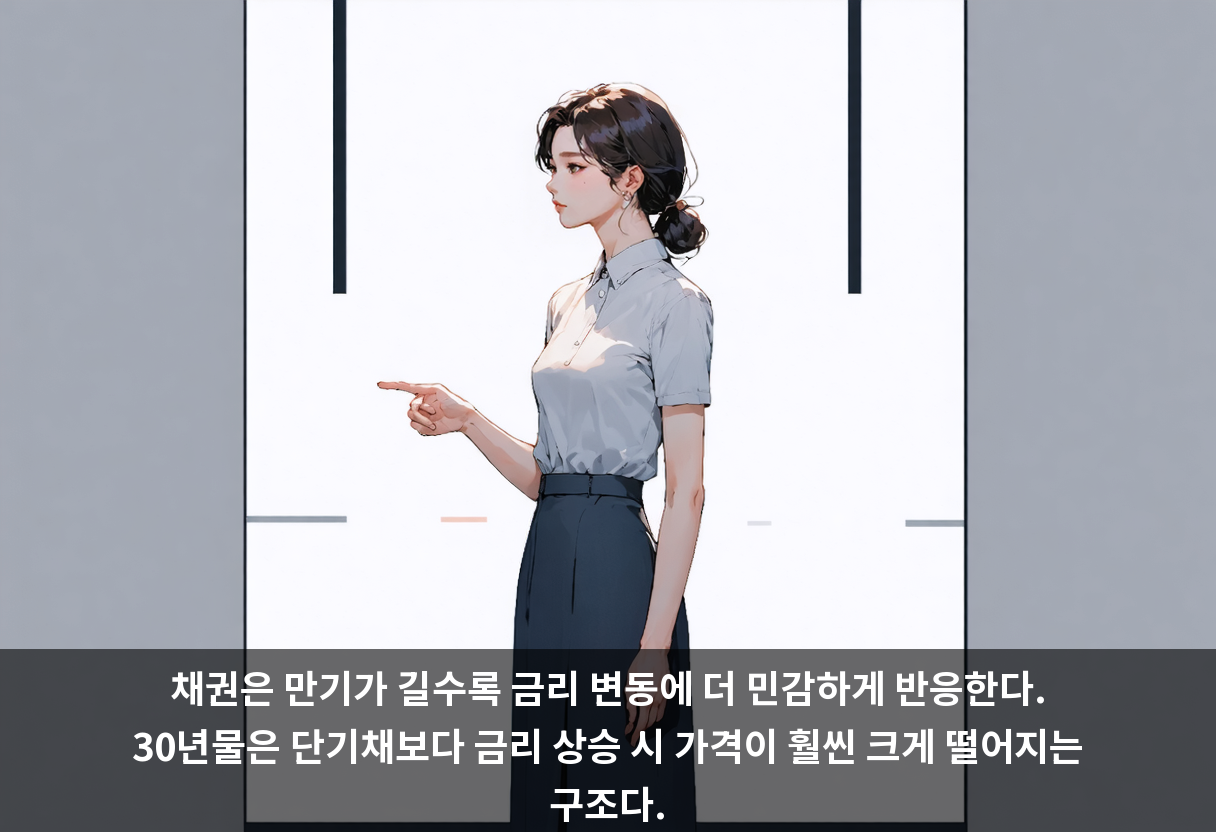 채권은 만기가 길수록 금리 변동에 더 민감하게 반응한다. 30년물은 단기채보다 금리 상승 시 가격이 훨씬 크게 떨어지는 구조다.