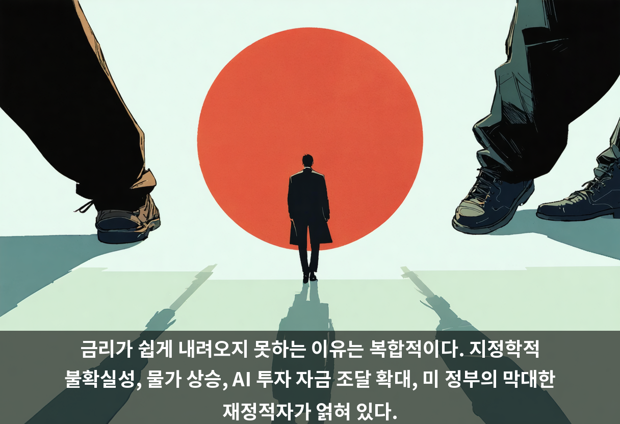 금리가 쉽게 내려오지 못하는 이유는 복합적이다. 지정학적 불확실성, 물가 상승, AI 투자 자금 조달 확대, 미 정부의 막대한 재정적자가 얽혀 있다.