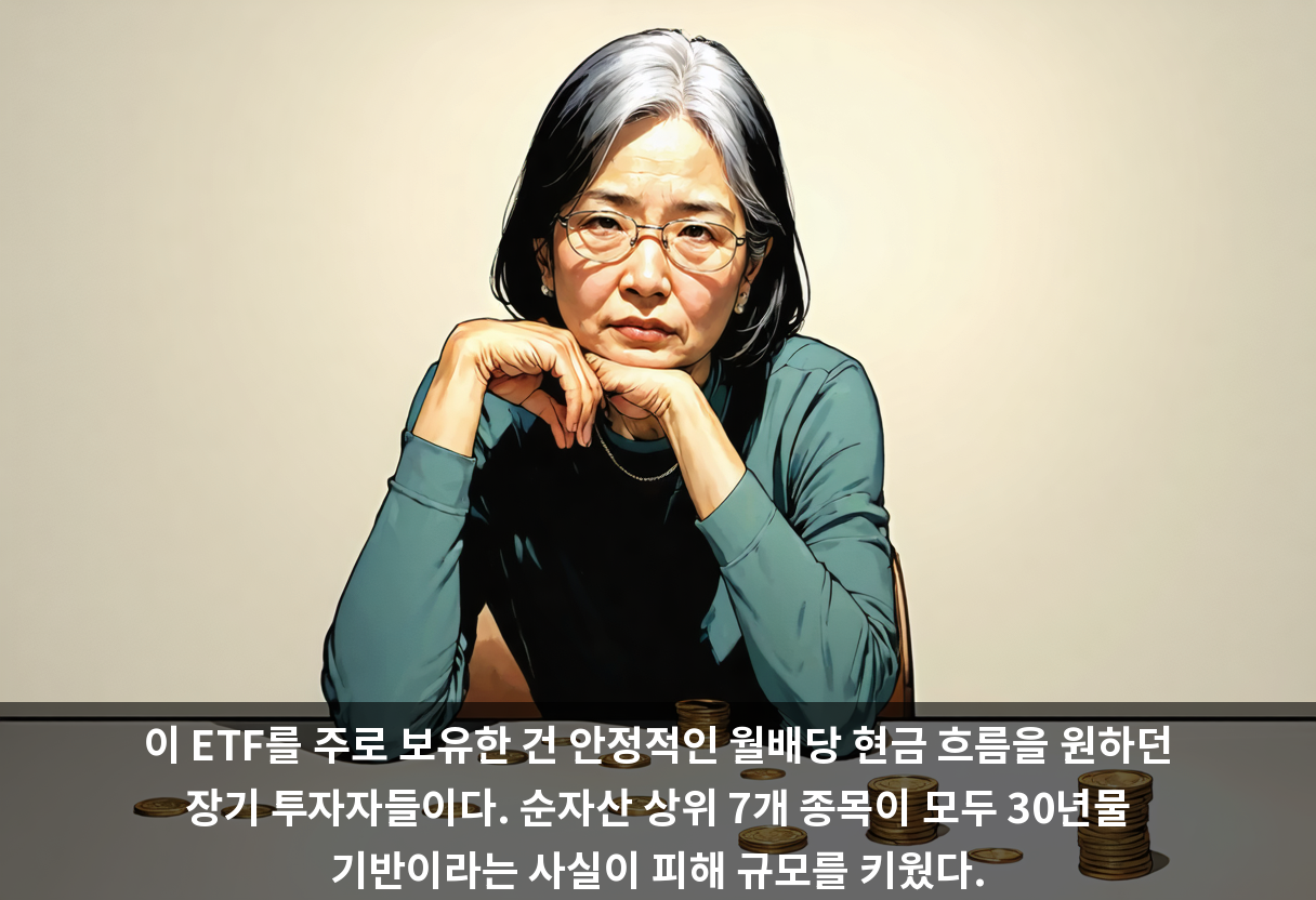 이 ETF를 주로 보유한 건 안정적인 월배당 현금 흐름을 원하던 장기 투자자들이다. 순자산 상위 7개 종목이 모두 30년물 기반이라는 사실이 피해 규모를 키웠다.
