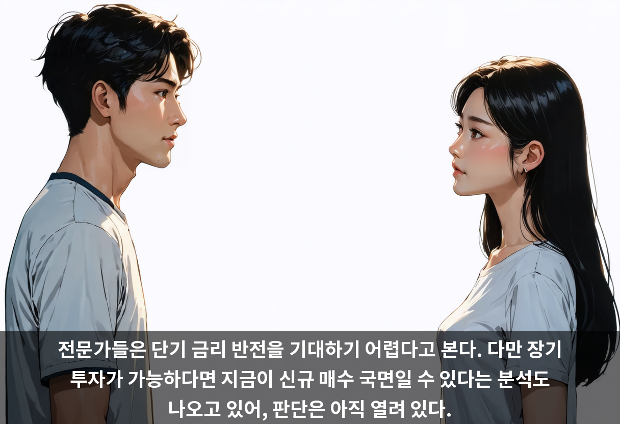 전문가들은 단기 금리 반전을 기대하기 어렵다고 본다. 다만 장기 투자가 가능하다면 지금이 신규 매수 국면일 수 있다는 분석도 나오고 있어, 판단은 아직 열려 있다.