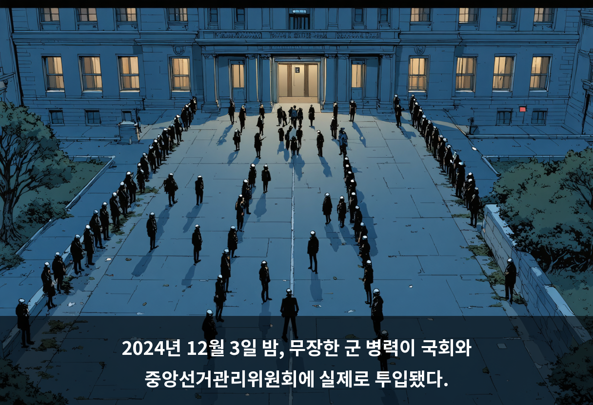 2024년 12월 3일, 군 병력이 국회와 중앙선거관리위원회에 실제로 투입됐다.