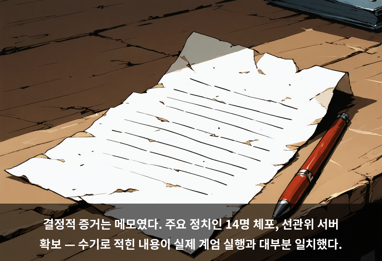 재판부는 한 사령관이 직접 작성한 메모에 포고령 위반자 검거, 주요 인사 체포, 서버 확보 등의 내용이 담겼으며 실제 계엄 상황과 대부분 일치한다고 밝혔다.