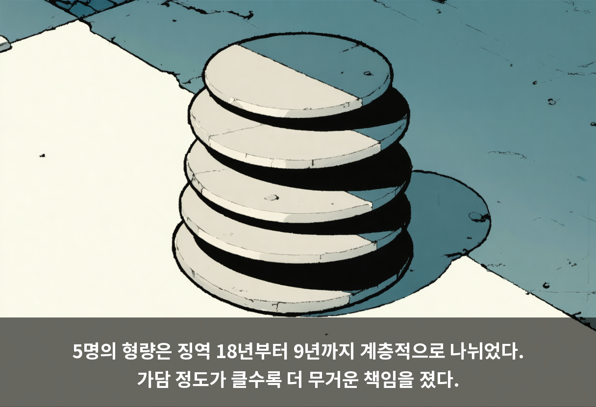 1심 재판부는 사전 가담 정도에 따라 형량을 달리했다. 가장 적극적으로 준비한 쪽이 가장 무거운 형을 받았고, 공소사실을 인정한 쪽은 감면이 고려됐다.