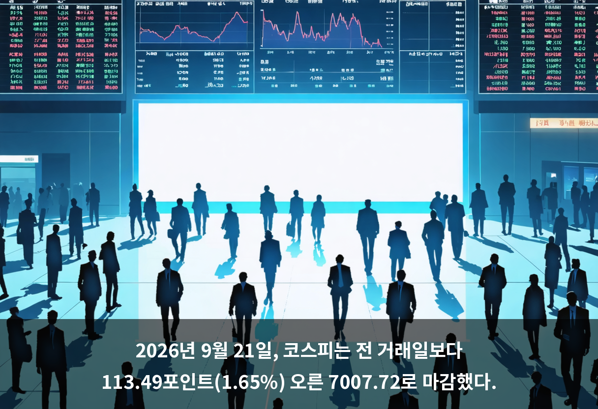 2026년 9월 21일, 코스피는 전 거래일보다 113.49포인트(1.65%) 오른 7007.72로 마감했다.