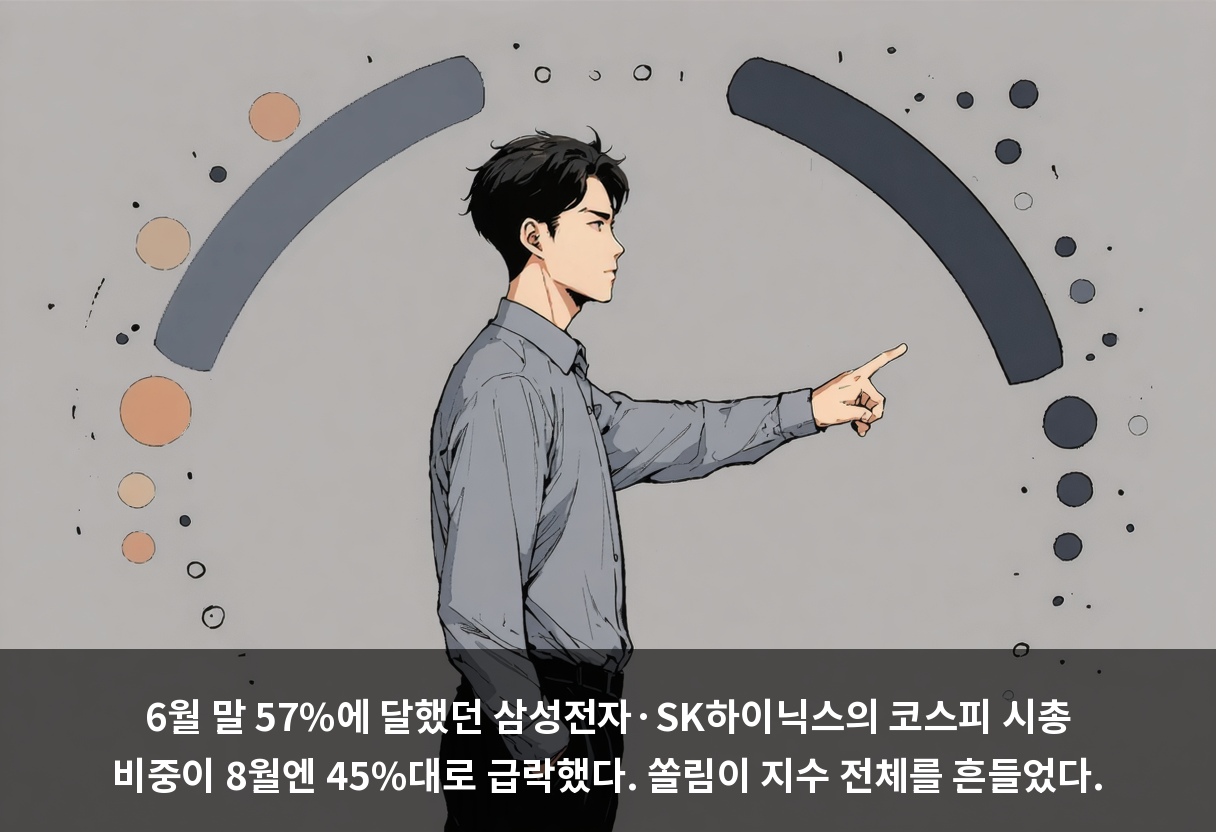 6월 말 57%에 달했던 삼성전자·SK하이닉스의 코스피 시총 비중이 8월엔 45%대로 급락했다. 쏠림이 지수 전체를 흔들었다.