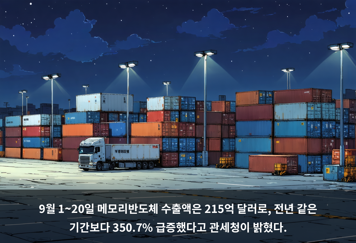9월 1~20일 메모리반도체 수출액은 215억 달러로, 전년 같은 기간보다 350.7% 급증했다고 관세청이 밝혔다.