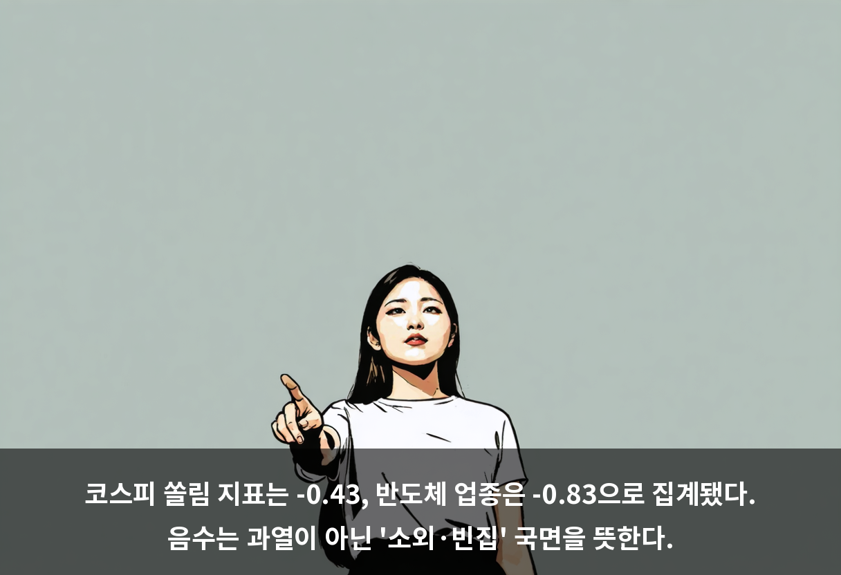 코스피 쏠림 지표는 -0.43, 반도체 업종은 -0.83으로 집계됐다. 음수는 과열이 아닌 '소외·빈집' 국면을 뜻한다.
