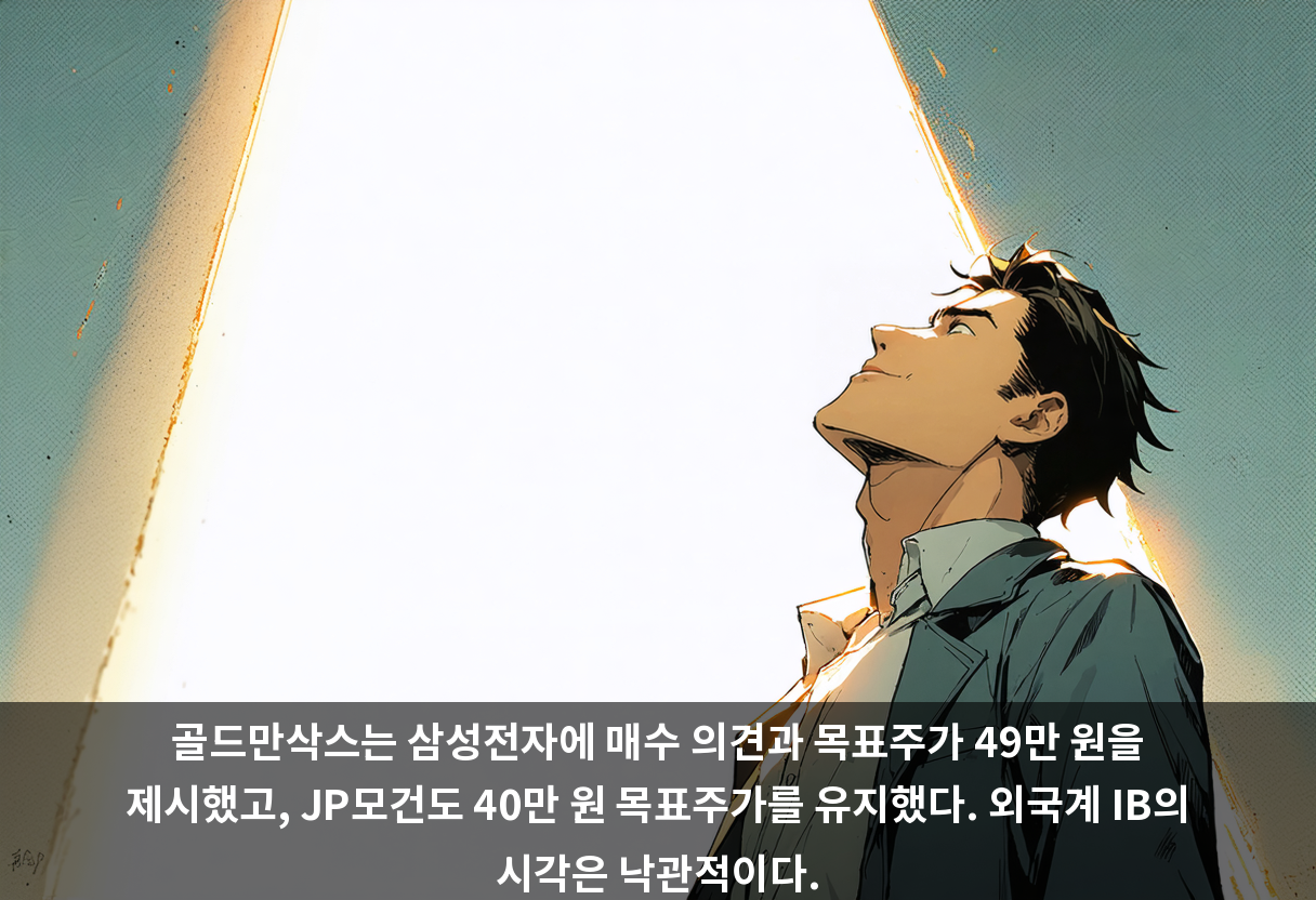 골드만삭스는 삼성전자에 매수 의견과 목표주가 49만 원을 제시했고, JP모건도 40만 원 목표주가를 유지했다. 외국계 IB의 시각은 낙관적이다.