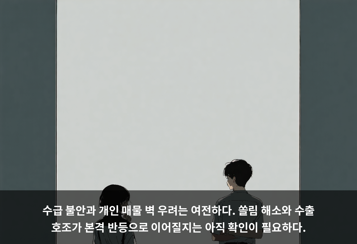 수급 불안과 개인 매물 벽 우려는 여전하다. 쏠림 해소와 수출 호조가 본격 반등으로 이어질지는 아직 확인이 필요하다.