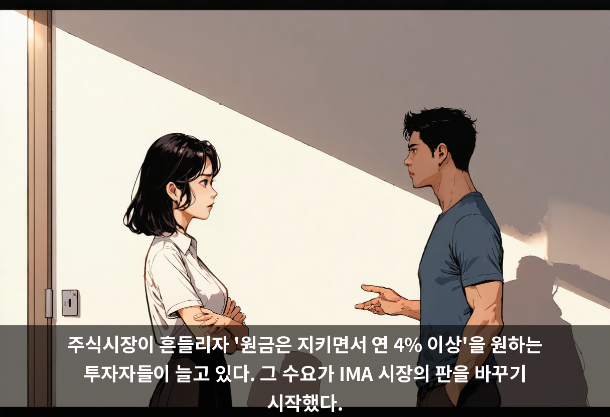 주식시장이 흔들리자 '원금은 지키면서 연 4% 이상'을 원하는 투자자들이 늘고 있다. 그 수요가 IMA 시장의 판을 바꾸기 시작했다.