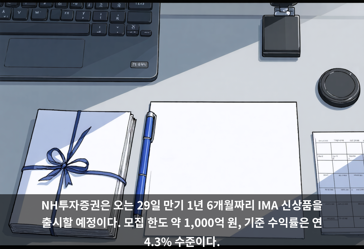 NH투자증권은 오는 29일 만기 1년 6개월짜리 IMA 신상품을 출시할 예정이다. 모집 한도 약 1,000억 원, 기준 수익률은 연 4.3% 수준이다.