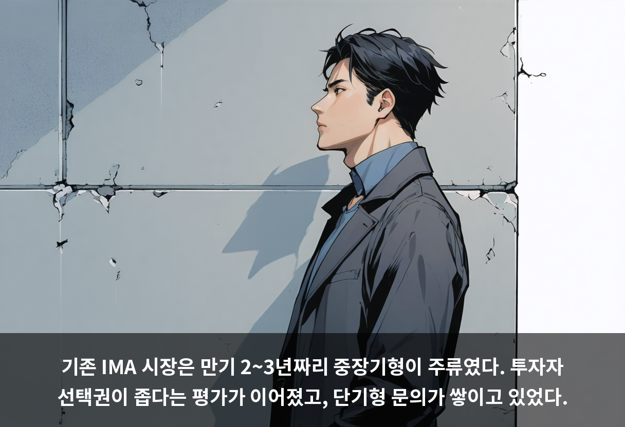 기존 IMA 시장은 만기 2~3년짜리 중장기형이 주류였다. 투자자 선택권이 좁다는 평가가 이어졌고, 단기형 문의가 쌓이고 있었다.