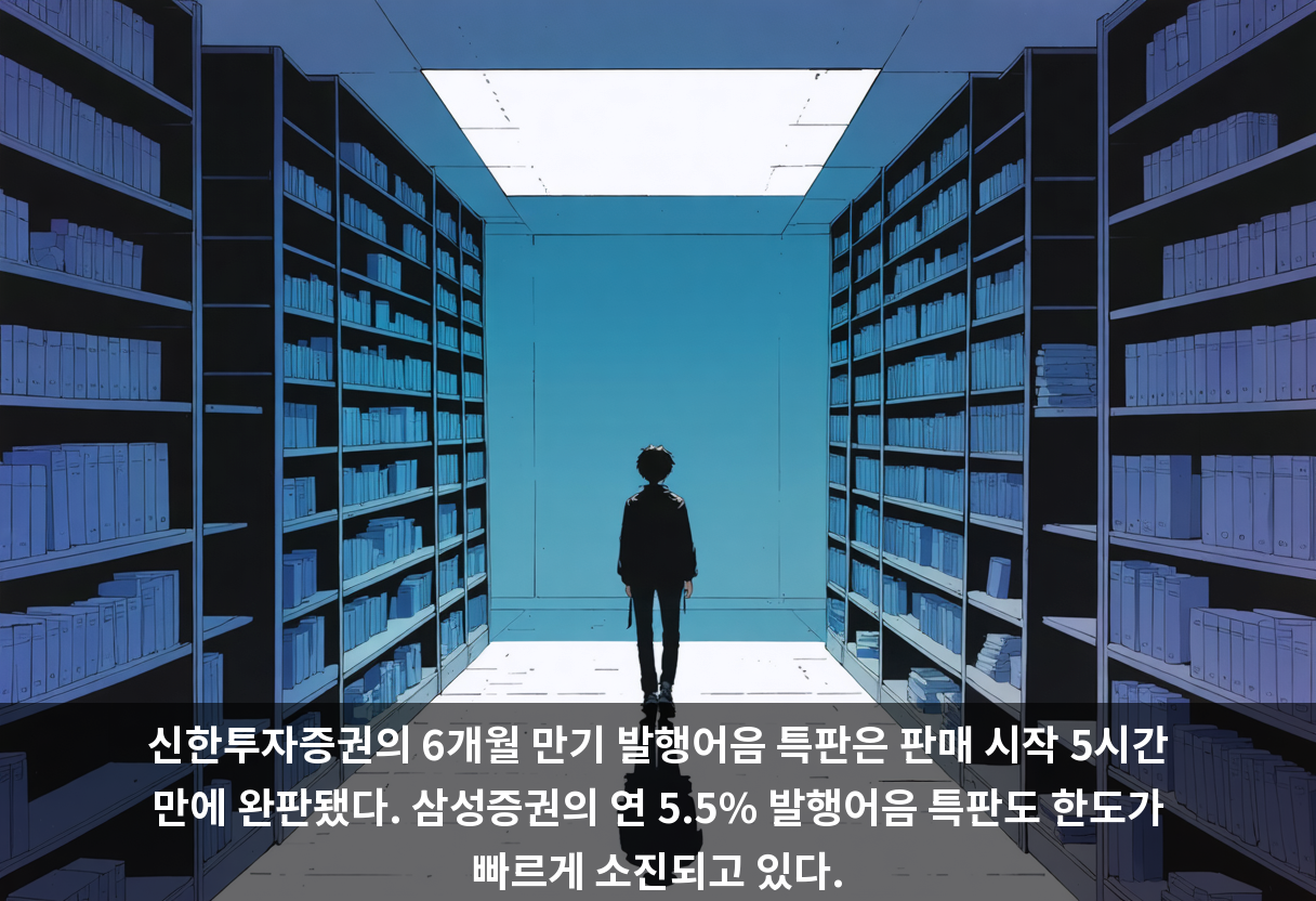 신한투자증권의 6개월 만기 발행어음 특판은 판매 시작 5시간 만에 완판됐다. 삼성증권의 연 5.5% 발행어음 특판도 한도가 빠르게 소진되고 있다.