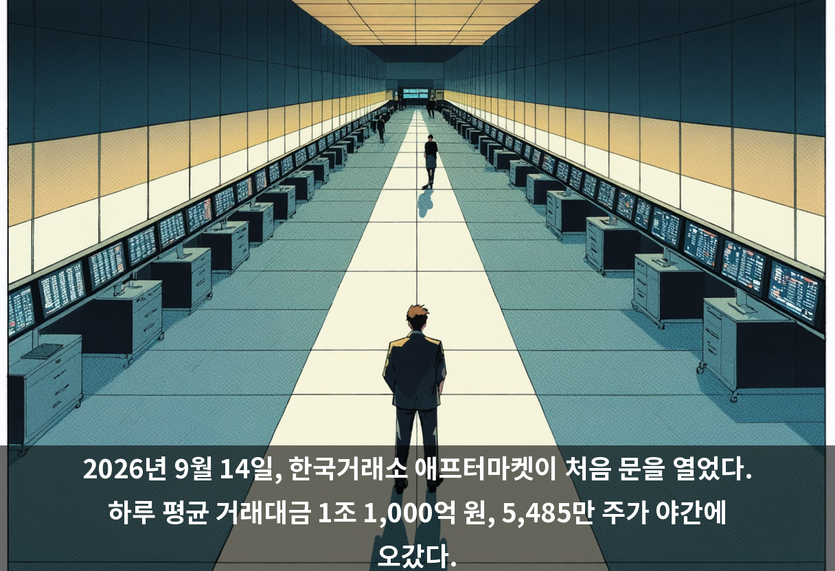2026년 9월 14일, 한국거래소 애프터마켓이 처음 문을 열었다. 하루 평균 거래대금 1조 1,000억 원, 5,485만 주가 야간에 오갔다.