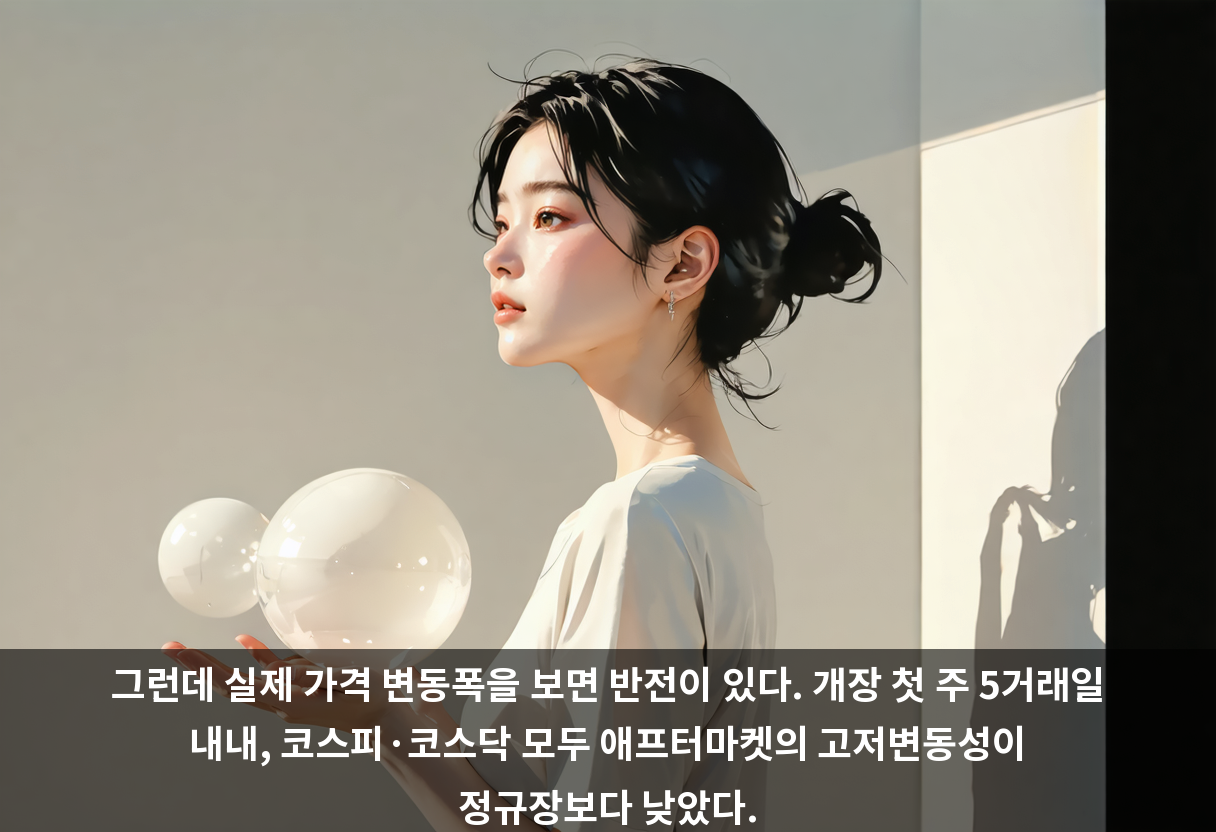 그런데 실제 가격 변동폭을 보면 반전이 있다. 개장 첫 주 5거래일 내내, 코스피·코스닥 모두 애프터마켓의 고저변동성이 정규장보다 낮았다.
