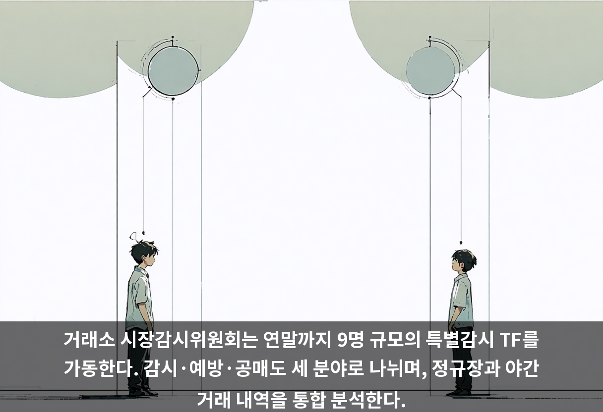 거래소 시장감시위원회는 연말까지 9명 규모의 특별감시 TF를 가동한다. 감시·예방·공매도 세 분야로 나뉘며, 정규장과 야간 거래 내역을 통합 분석한다.