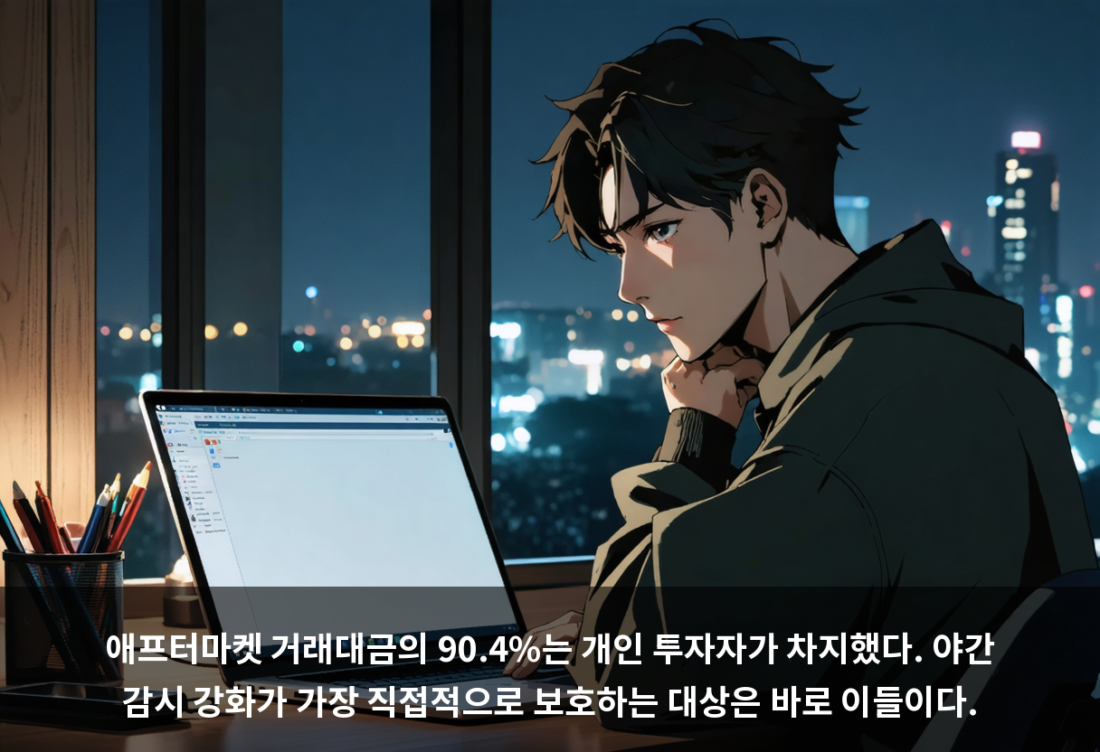 애프터마켓 거래대금의 90.4%는 개인 투자자가 차지했다. 야간 감시 강화가 가장 직접적으로 보호하는 대상은 바로 이들이다.