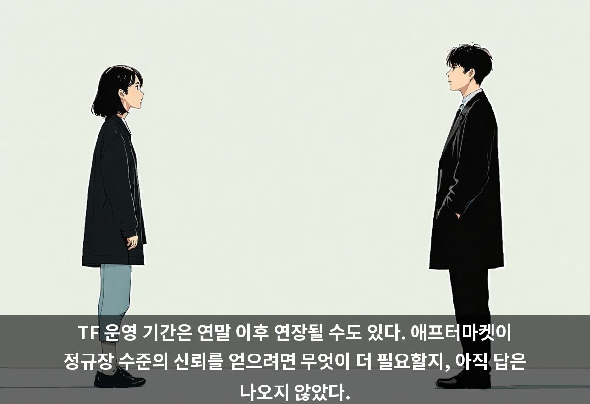 TF 운영 기간은 연말 이후 연장될 수도 있다. 애프터마켓이 정규장 수준의 신뢰를 얻으려면 무엇이 더 필요할지, 아직 답은 나오지 않았다.