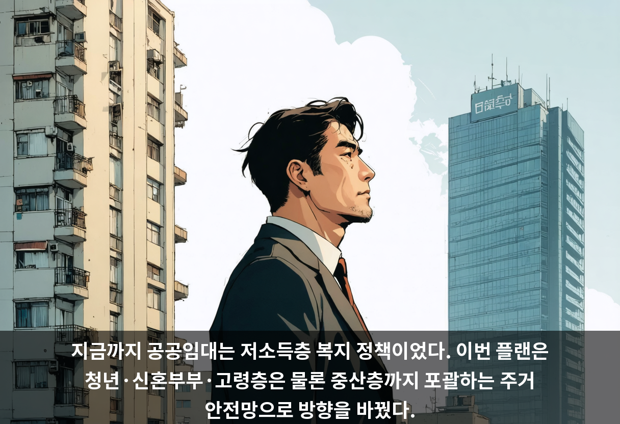 그동안 공공임대는 저소득층을 위한 복지정책이라는 이미지가 강했다. 이번 플랜은 청년·신혼부부·중산층까지 아우르는 주거 안전망으로 대상을 넓히겠다는 전환을 선언했다.