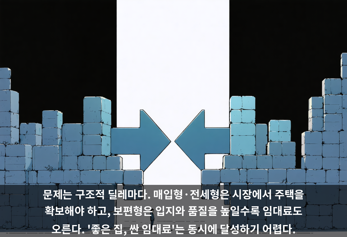 그러나 매입형 31만 가구와 전세형 23만 가구는 시장에서 적정 주택을 실제로 확보해야 한다는 전제가 붙는다. 사업성 문제로 정부와 LH가 이미 제도를 잇따라 손질하고 있는 상황이다.