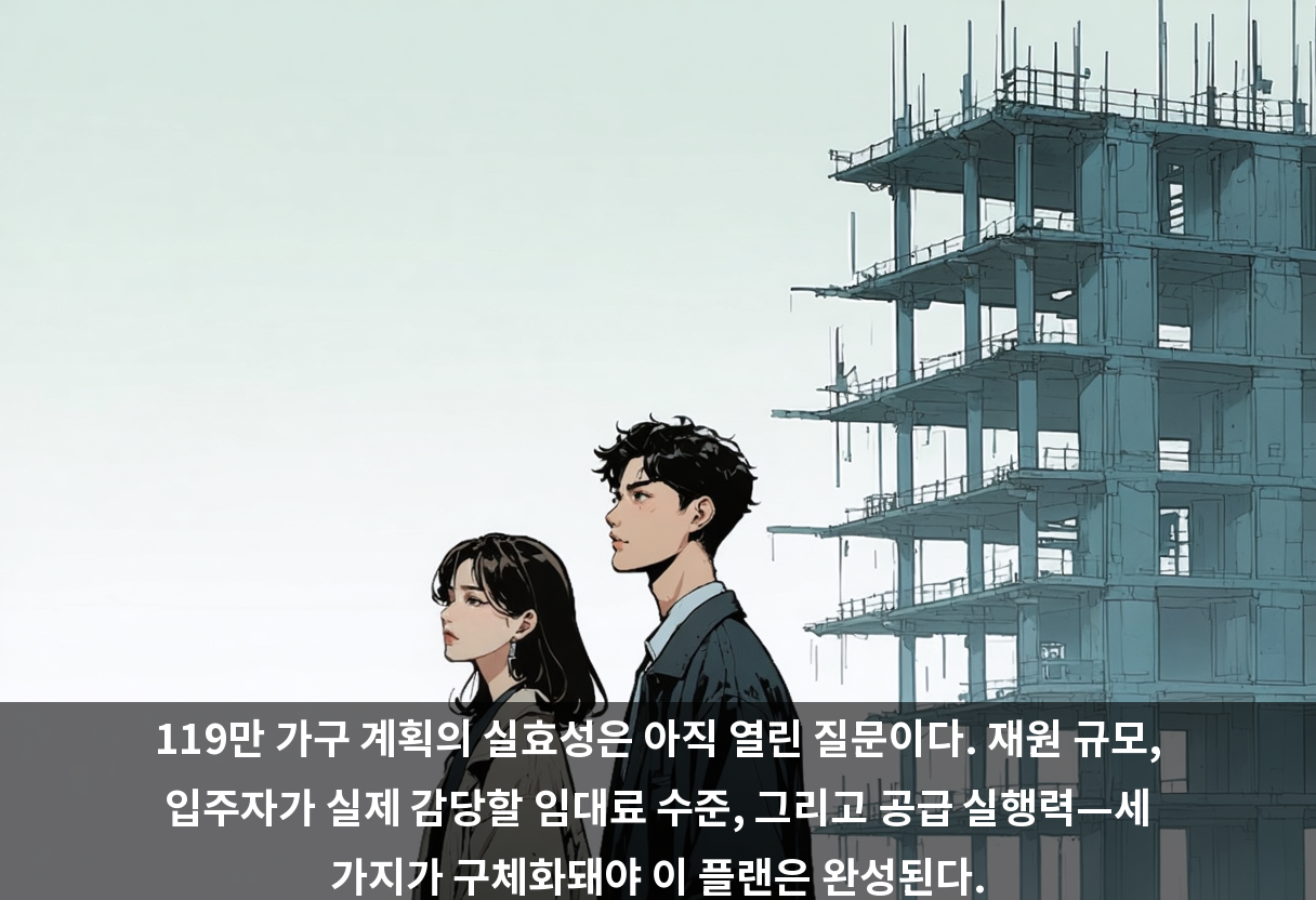 119만 가구라는 목표가 실제 주거 안정으로 이어지려면 공급 실행력, 재정 규모, 그리고 입주자가 감당할 수 있는 임대료 수준이 함께 구체화돼야 한다는 과제가 남아 있다.
