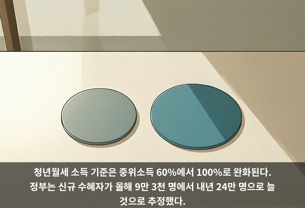 청년월세 소득 기준은 중위소득 60%에서 100%로 완화된다. 정부는 신규 수혜자가 올해 9만 3천 명에서 내년 24만 명으로 늘 것으로 추정했다.