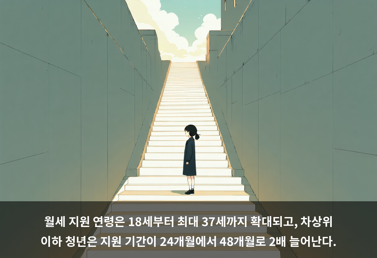 월세 지원 연령은 18세부터 최대 37세까지 확대되고, 차상위 이하 청년은 지원 기간이 24개월에서 48개월로 2배 늘어난다.