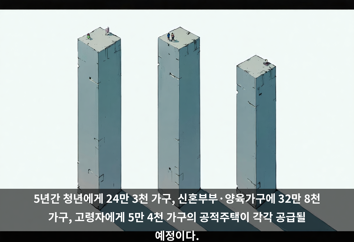 5년간 청년에게 24만 3천 가구, 신혼부부·양육가구에 32만 8천 가구, 고령자에게 5만 4천 가구의 공적주택이 각각 공급될 예정이다.