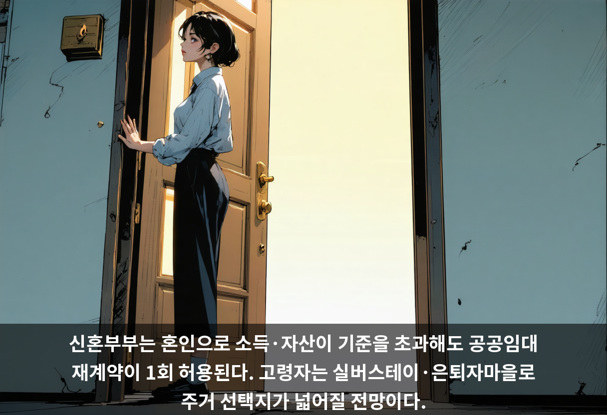 신혼부부는 혼인으로 소득·자산이 기준을 초과해도 공공임대 재계약이 1회 허용된다. 고령자는 실버스테이·은퇴자마을로 주거 선택지가 넓어질 전망이다.