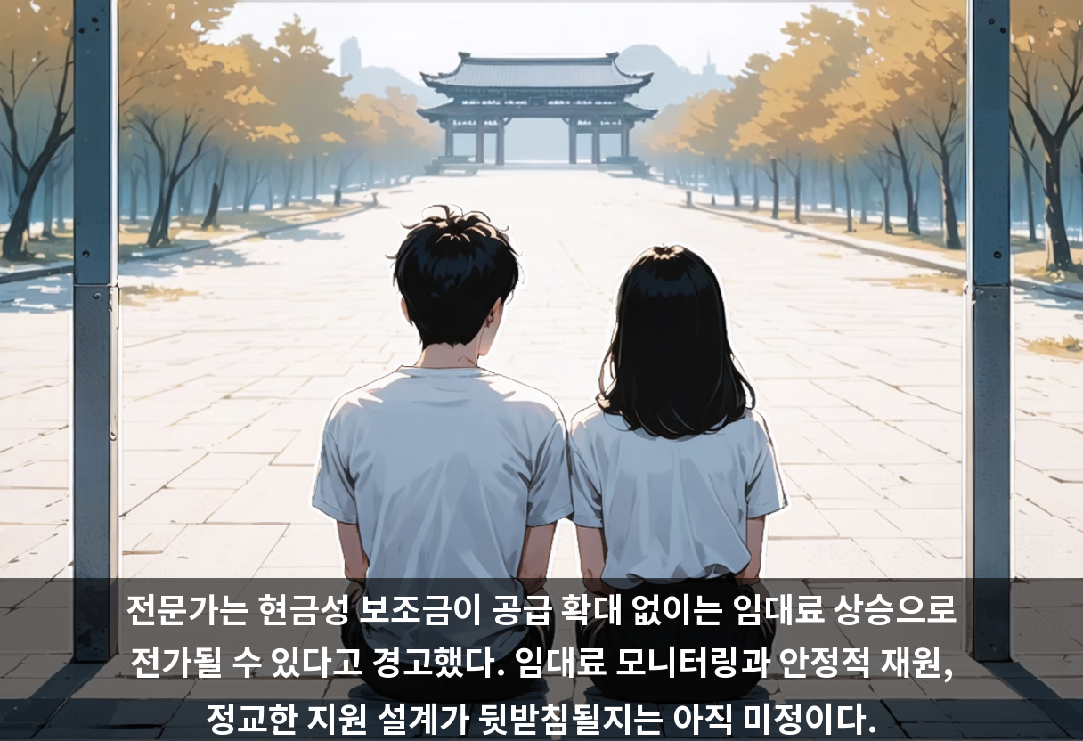 전문가는 현금성 보조금이 공급 확대 없이는 임대료 상승으로 전가될 수 있다고 경고했다. 임대료 모니터링과 안정적 재원, 정교한 지원 설계가 뒷받침될지는 아직 미정이다.