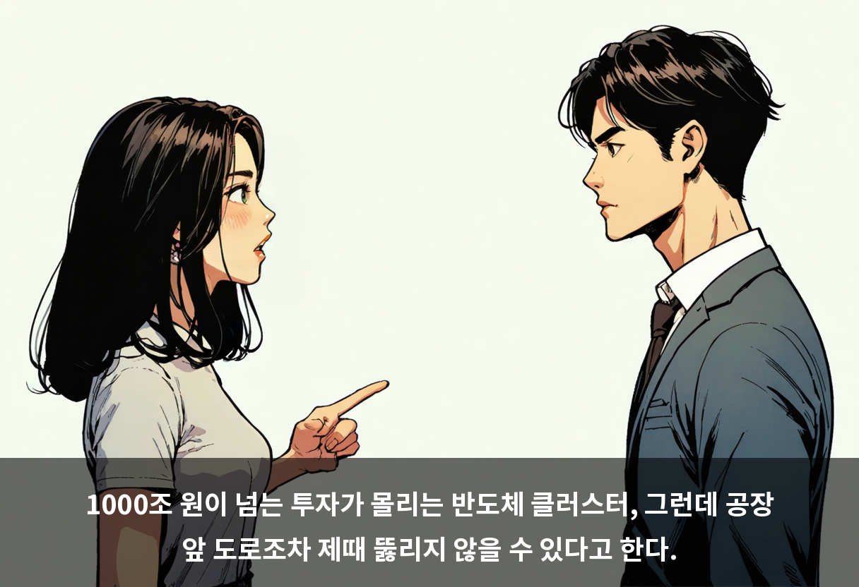 1000조 원이 넘는 투자가 몰리는 반도체 클러스터, 그런데 공장 앞 도로조차 제때 뚫리지 않을 수 있다고 한다.