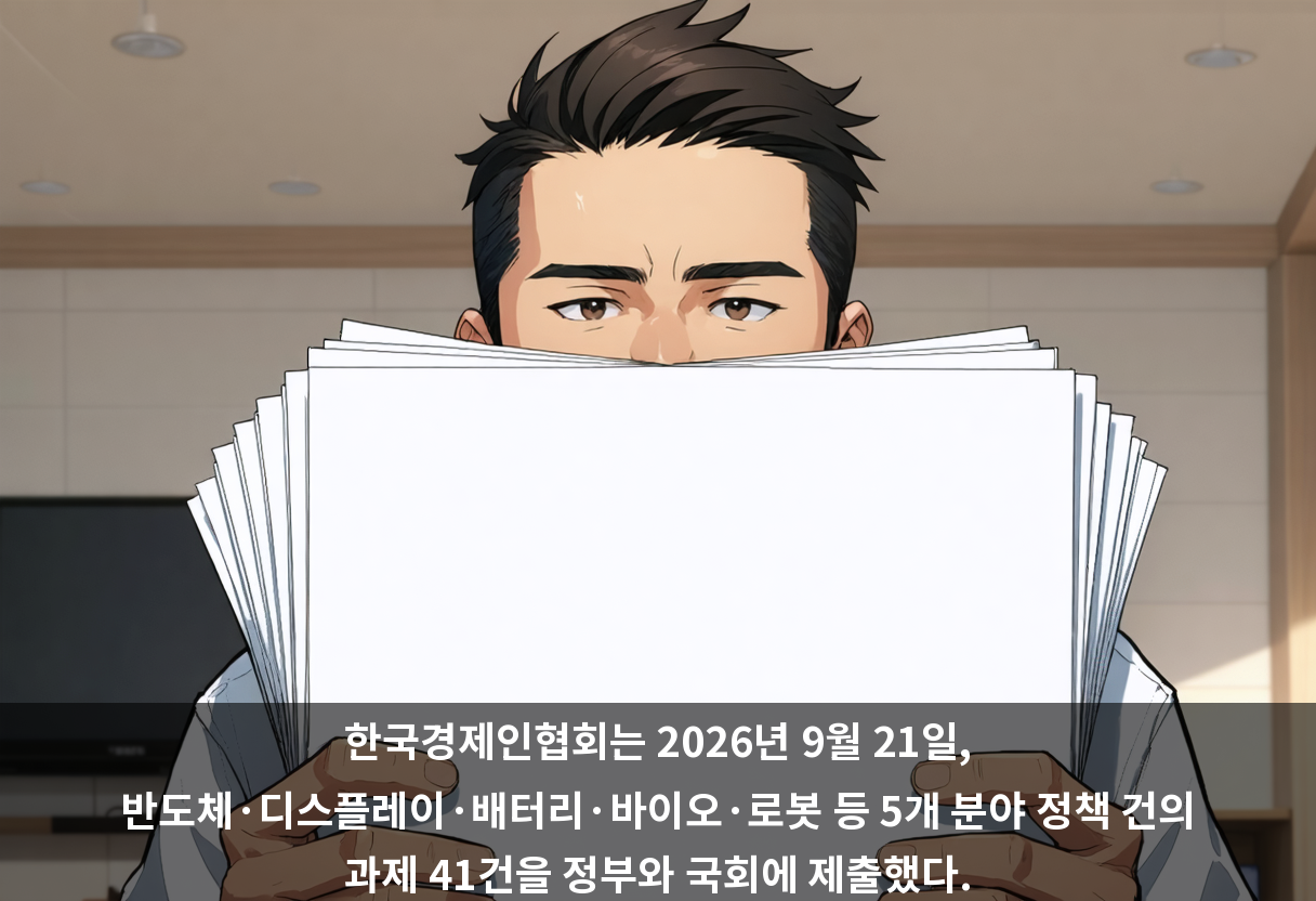 한국경제인협회는 2026년 9월 21일, 반도체·디스플레이·배터리·바이오·로봇 등 5개 분야 정책 건의 과제 41건을 정부와 국회에 제출했다.