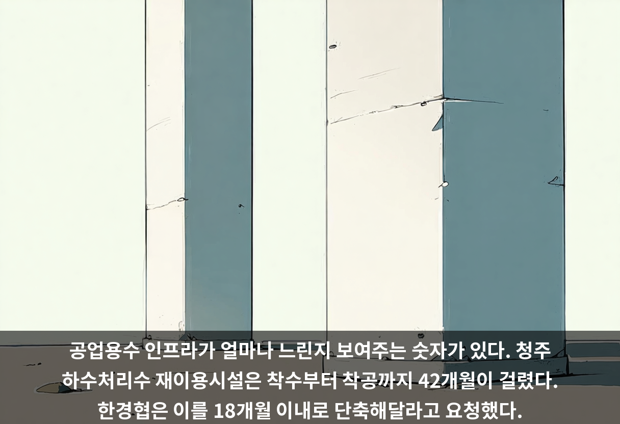 공업용수 인프라가 얼마나 느린지 보여주는 숫자가 있다. 청주 하수처리수 재이용시설은 착수부터 착공까지 42개월이 걸렸다. 한경협은 이를 18개월 이내로 단축해달라고 요청했다.
